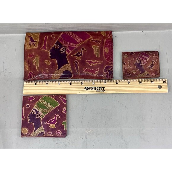 Vintage Red Leather African 3 Piece Wallet Set - Picture 6 of 8